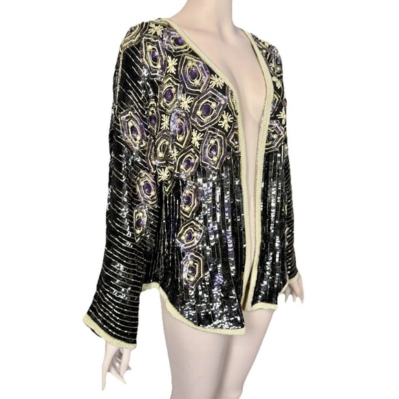 Vtg Oleg Cassini Sparkly Beaded Sequin Jacket Embellished Pearls Open Front Sz L - Picture 2 of 16